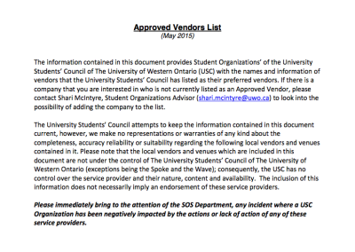 USC Approved Vendors List